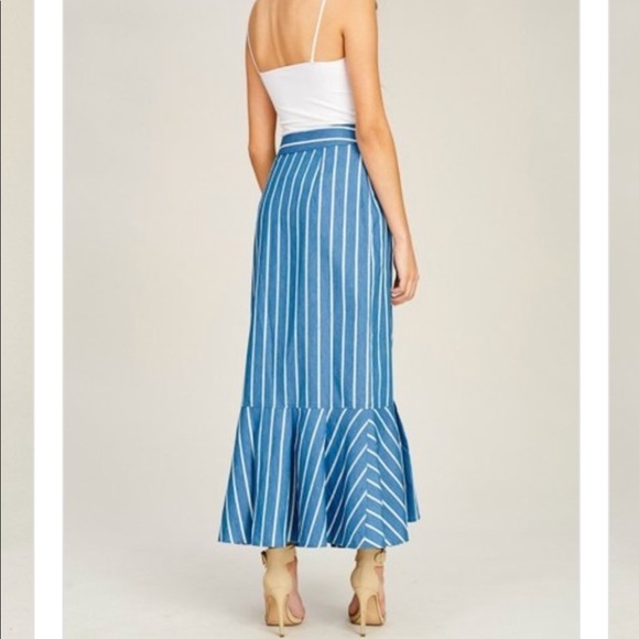 Ruffled Denim Wrap Striped Maxi Skirt - Picture 7 of 8